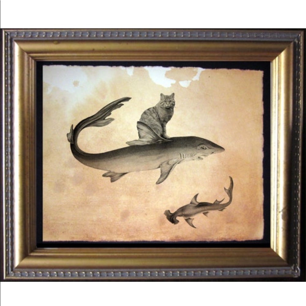 Wildcat Riding Shark Wall Art Print Tea Stained